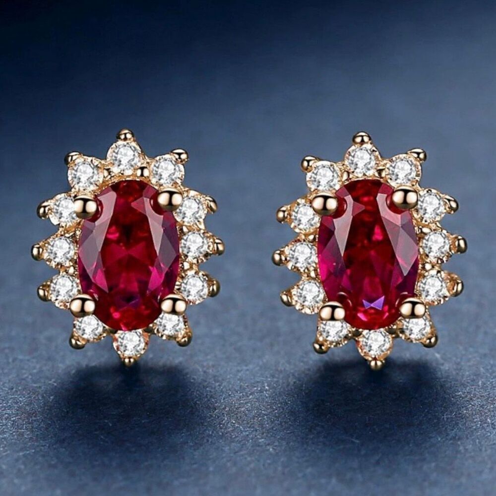 Oval Ruby Red Stone CZ Stud Earrings Womens 18K Gold Vermeil Jewelry New
